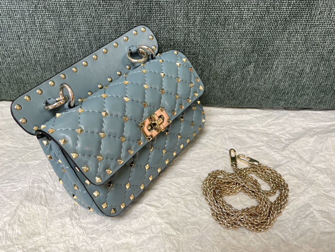 Valentino Garavani Rockstud Spike Small Chain Bag in Porcelain Blue Supple Lambskin Nappa